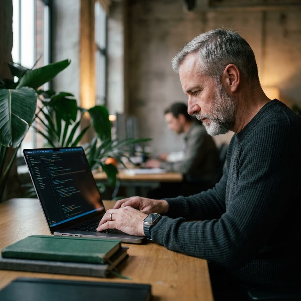 Experienced engineer reviewing code in a modern office